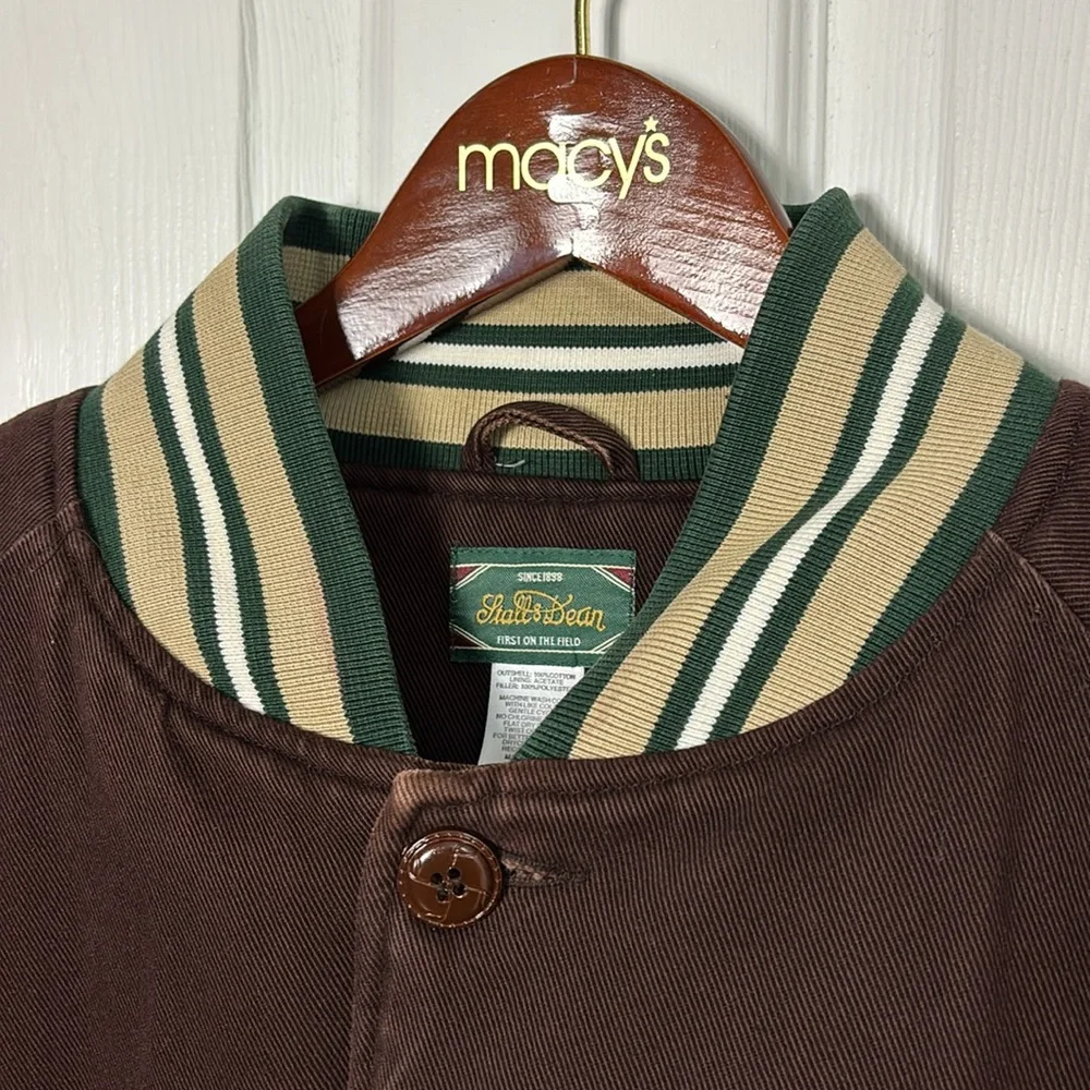 Stall & Dean brown varsity jacket size 5XL Logo wing patch on back bomber heavy